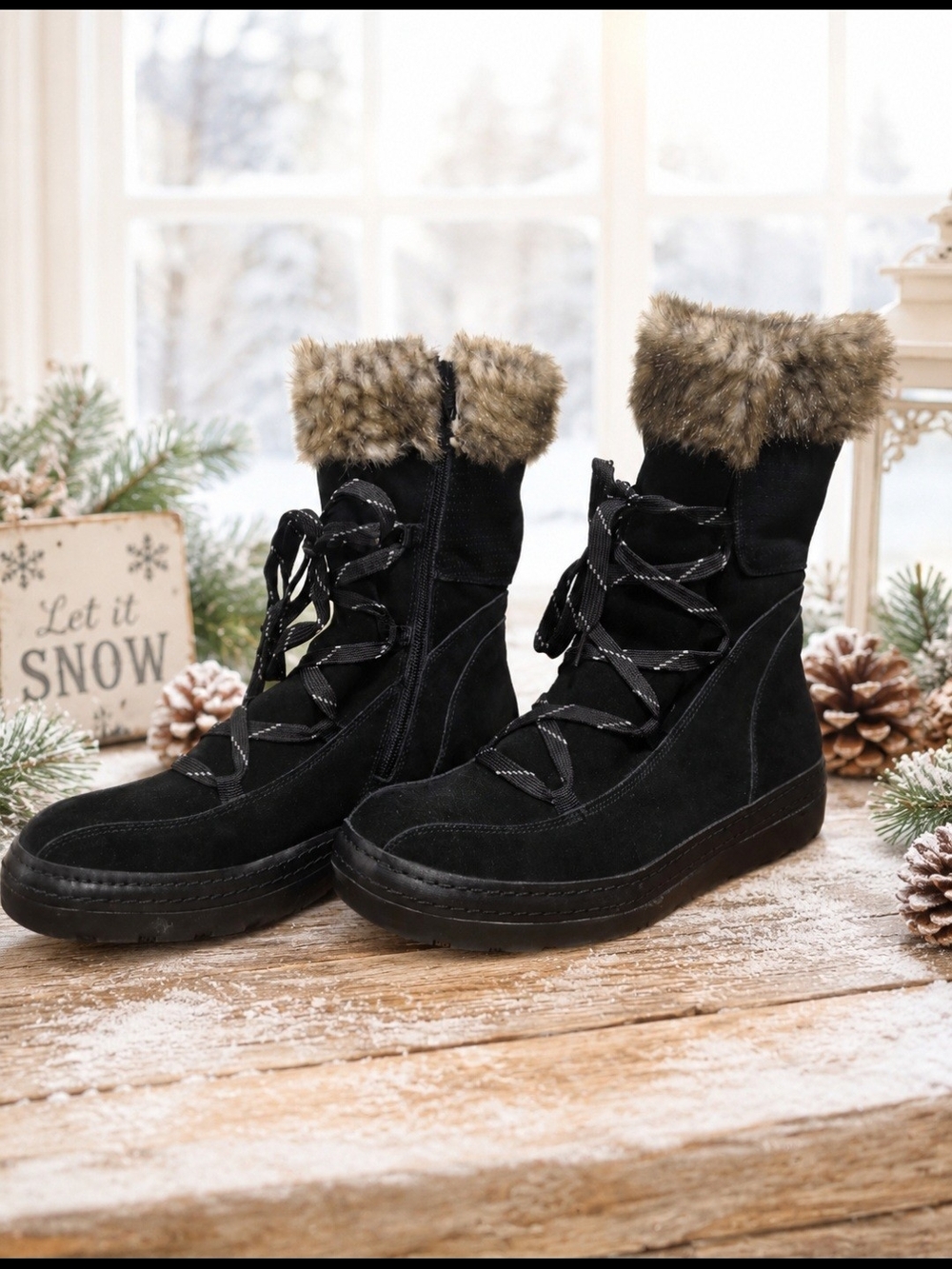 BareTraps Black Faux-Fur Trim Lace-Up Winter Boots